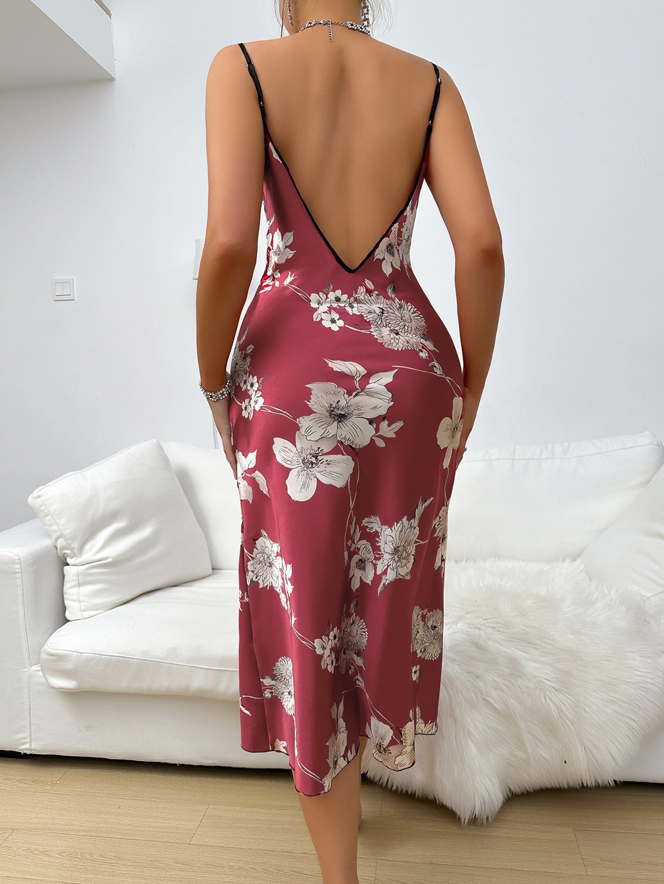 Wine Sexy Floral Print Backless Slit Nightgown