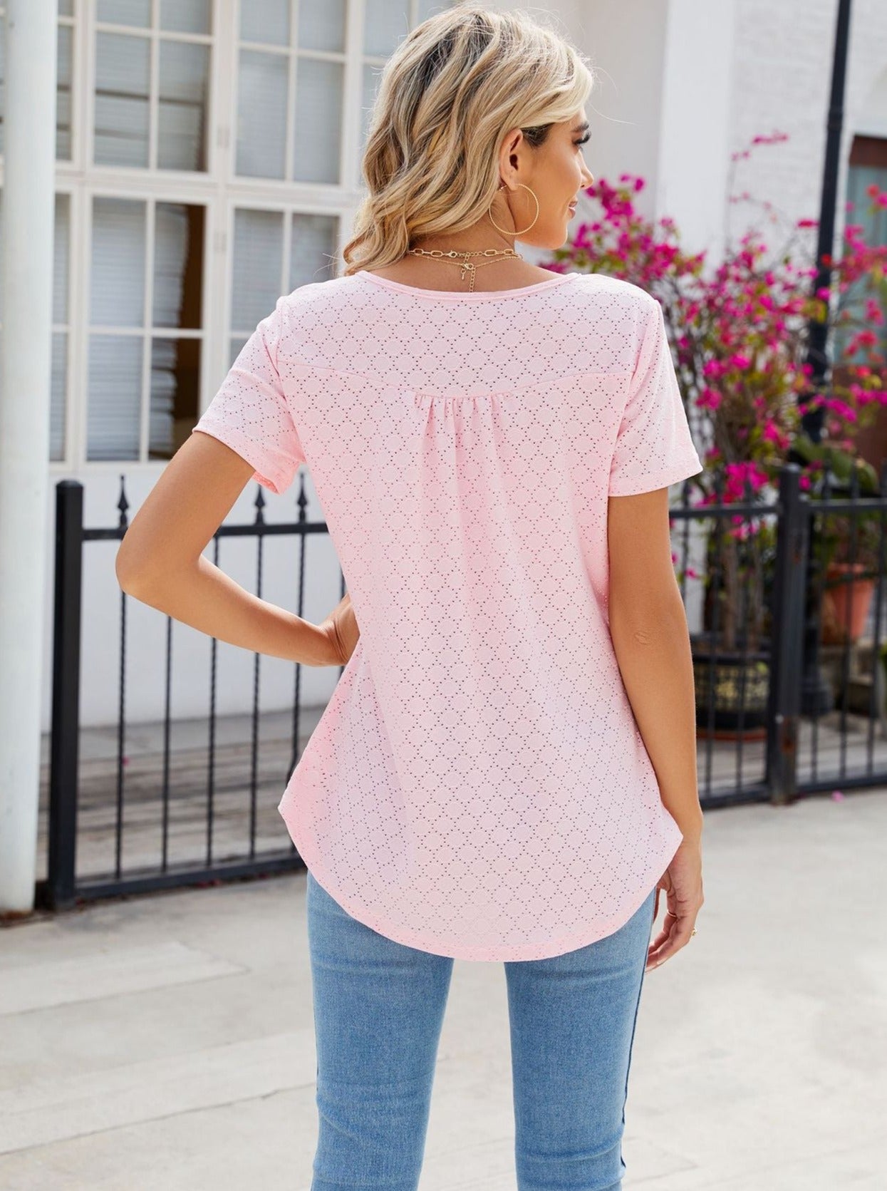 Pink Round Neck Button Loose Short Sleeve T-Shirt