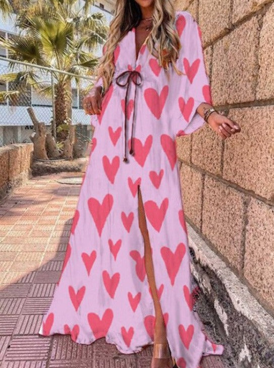 Pink Heart Printed V-Neck Lace-up Long Dress