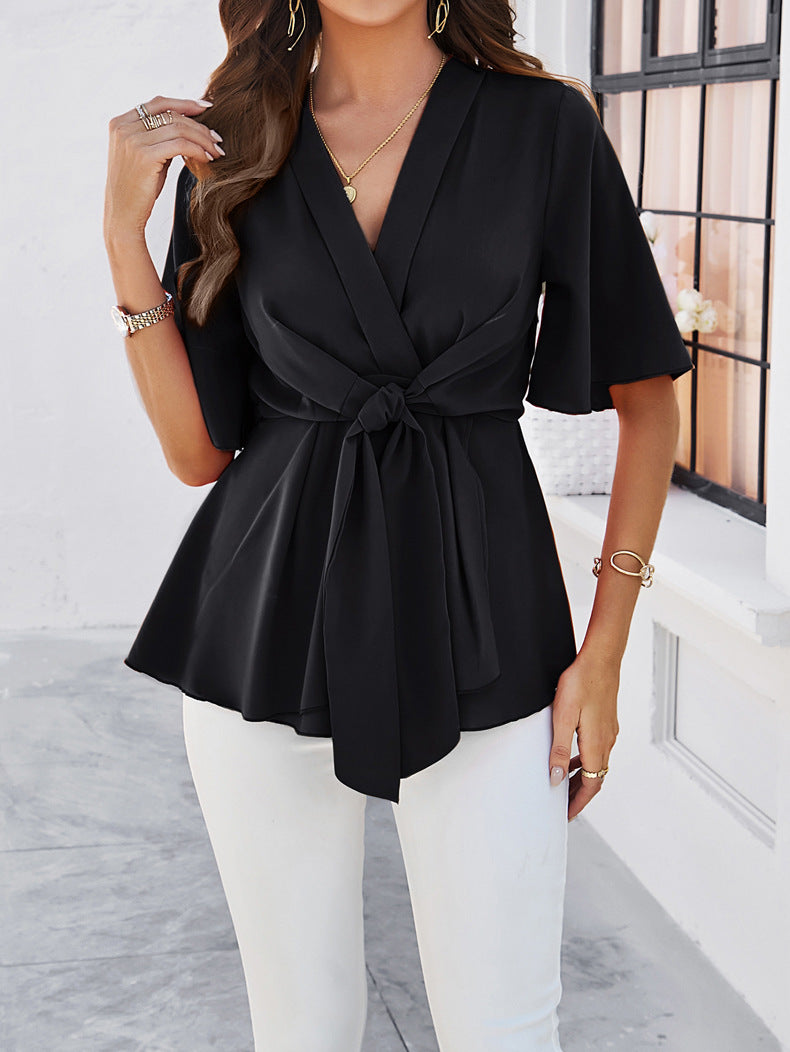 Plain V-Neck Ribbon Tie Blouse