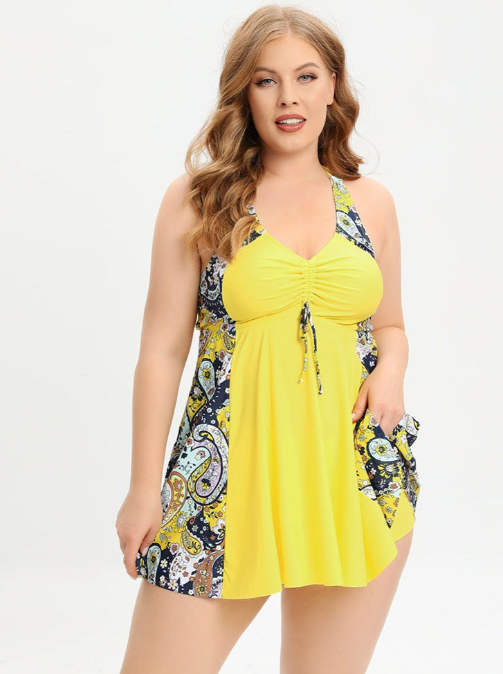 Plus Size V-Neck Cross Back Printed Swim Dress