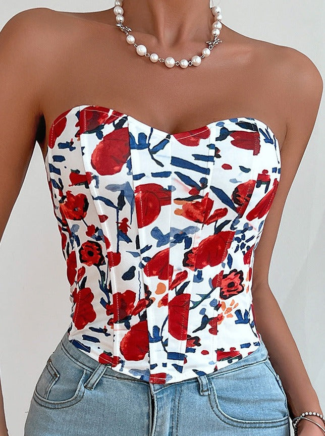 Sexy Low-Cut Red Flower Wrapped Chest Fishbone Waist Top