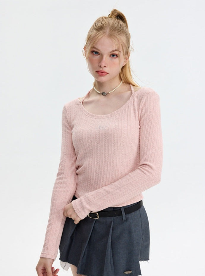 Embroidered Solid Color Round Collar Right Shoulder Bottoming Top