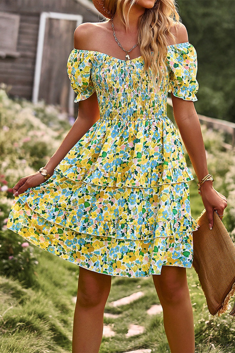 Yellow V-Neck Off Shoulder Floral Printed Cake Skirt Dress