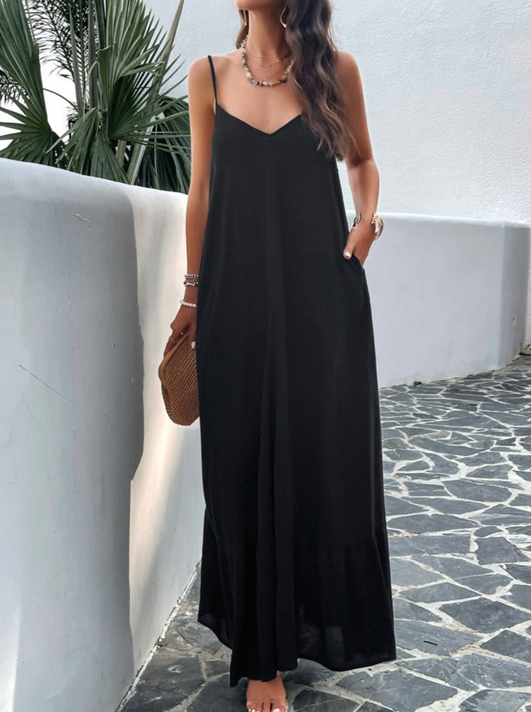 Black Casual Solid Color Suspender Maxi Dress