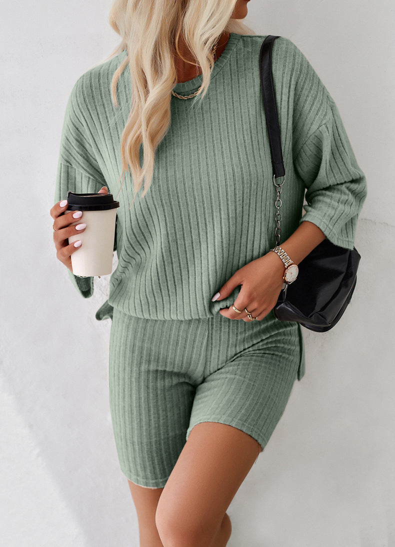 Long Sleeve Knitted Shirt and Shorts Set