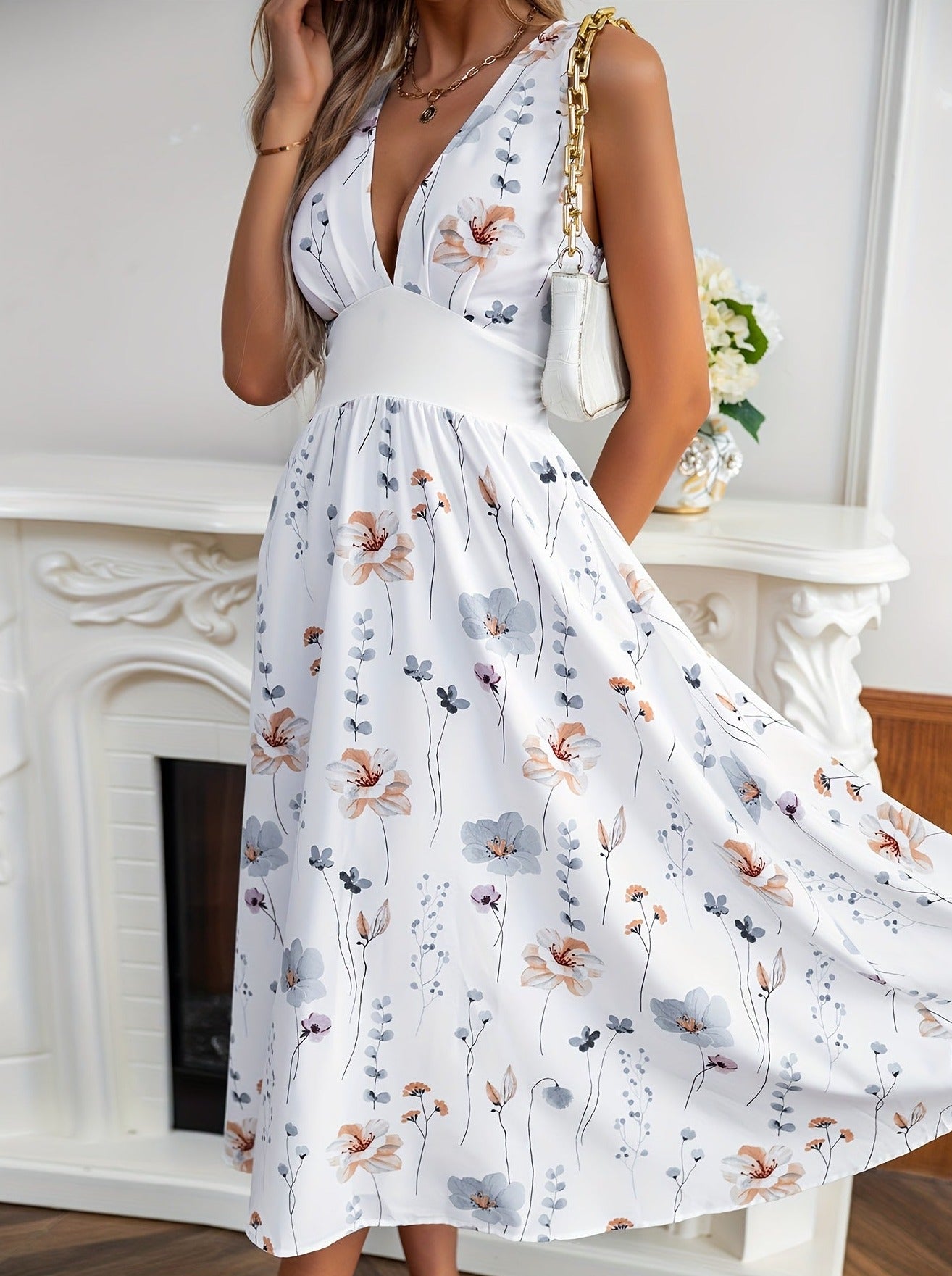 Elegant Floral Print Plunging V Neck High Waist Midi Dress