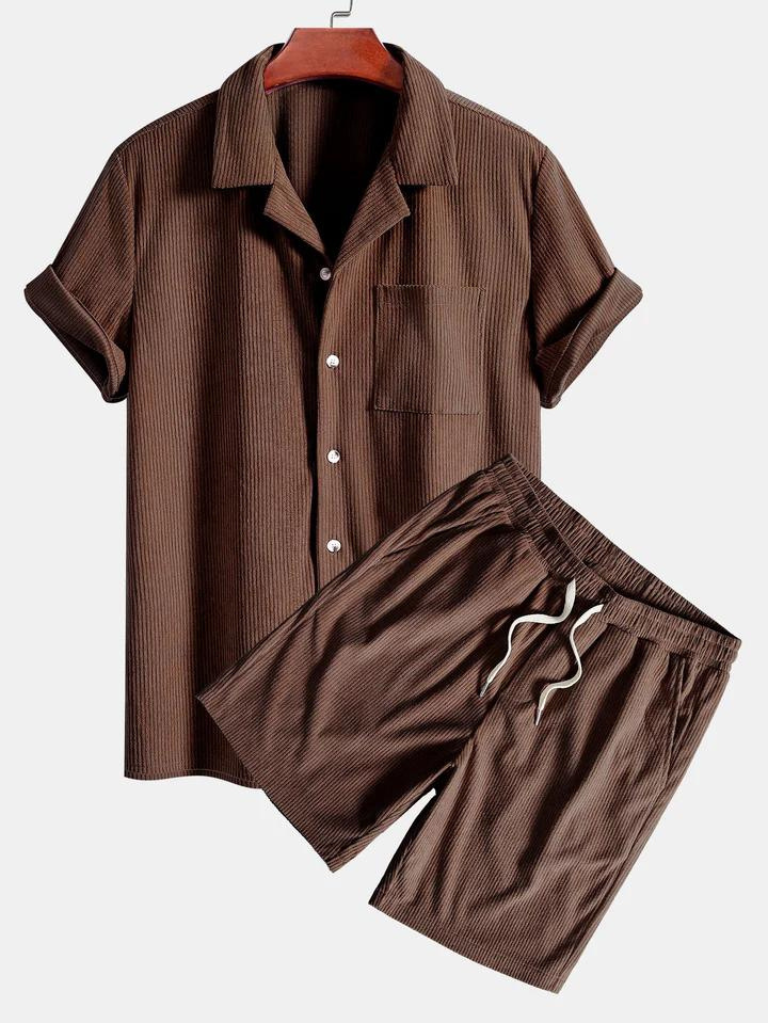 Casual Corduroy Men's Short Sleeve Shirt & Shorts Set