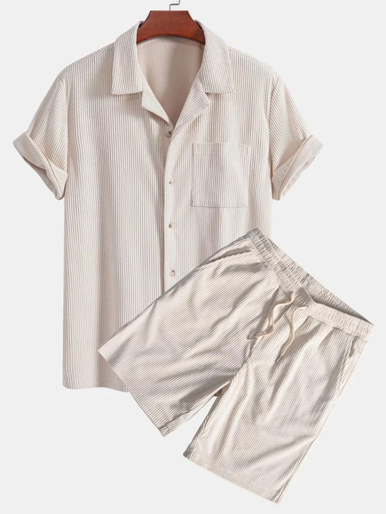 Casual Corduroy Men's Short Sleeve Shirt & Shorts Set