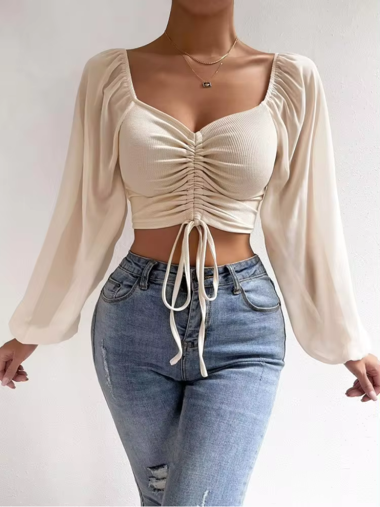 Sexy Mesh Lantern Sleeves Drawstring Crop Top