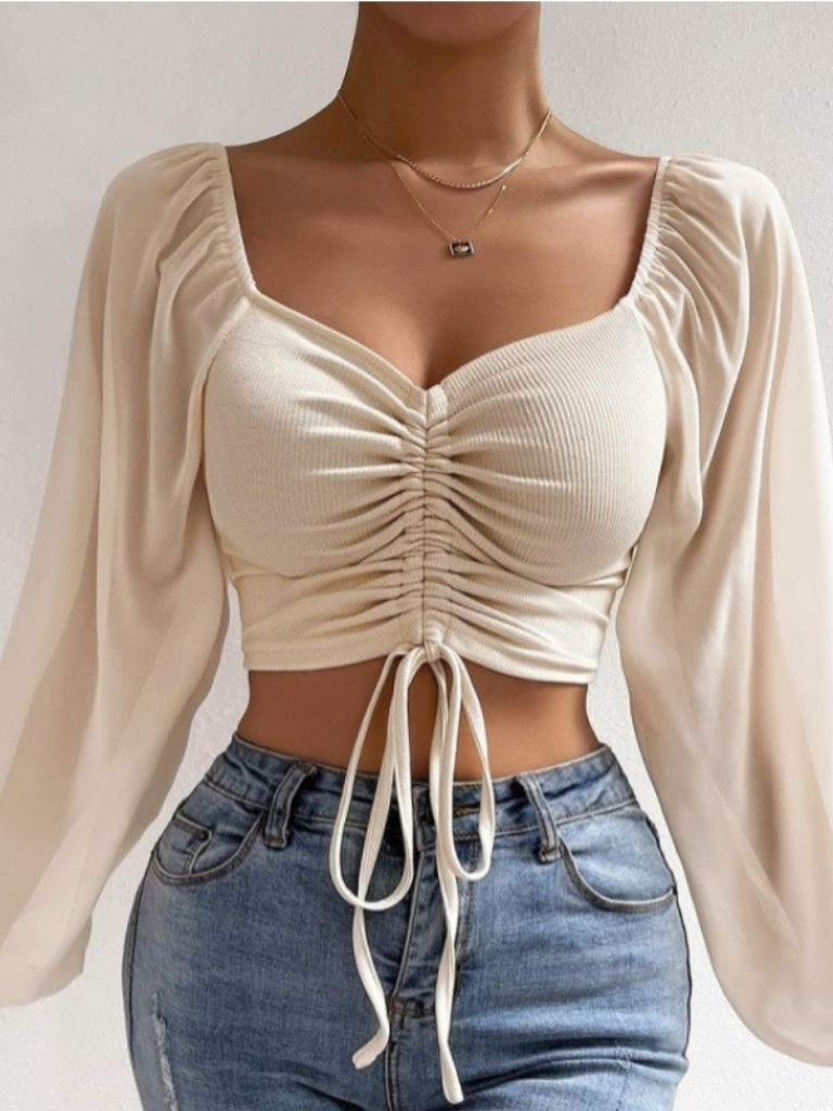 Sexy Mesh Lantern Sleeves Drawstring Crop Top