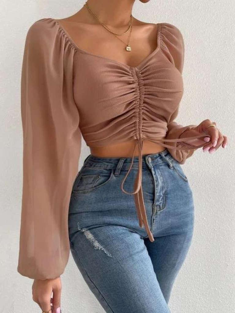 Sexy Mesh Lantern Sleeves Drawstring Crop Top