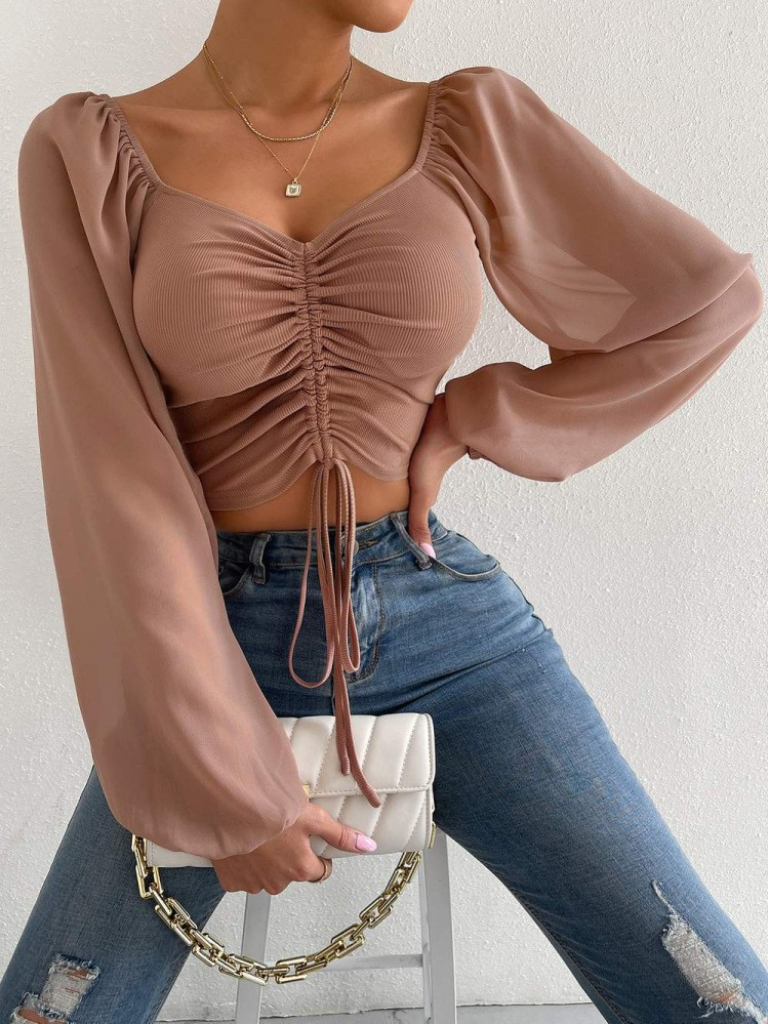 Sexy Mesh Lantern Sleeves Drawstring Crop Top