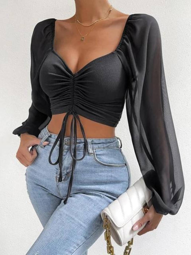 Sexy Mesh Lantern Sleeves Drawstring Crop Top