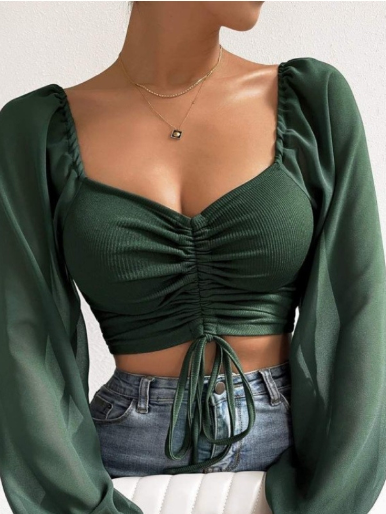 Sexy Mesh Lantern Sleeves Drawstring Crop Top