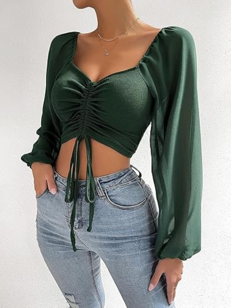 Sexy Mesh Lantern Sleeves Drawstring Crop Top