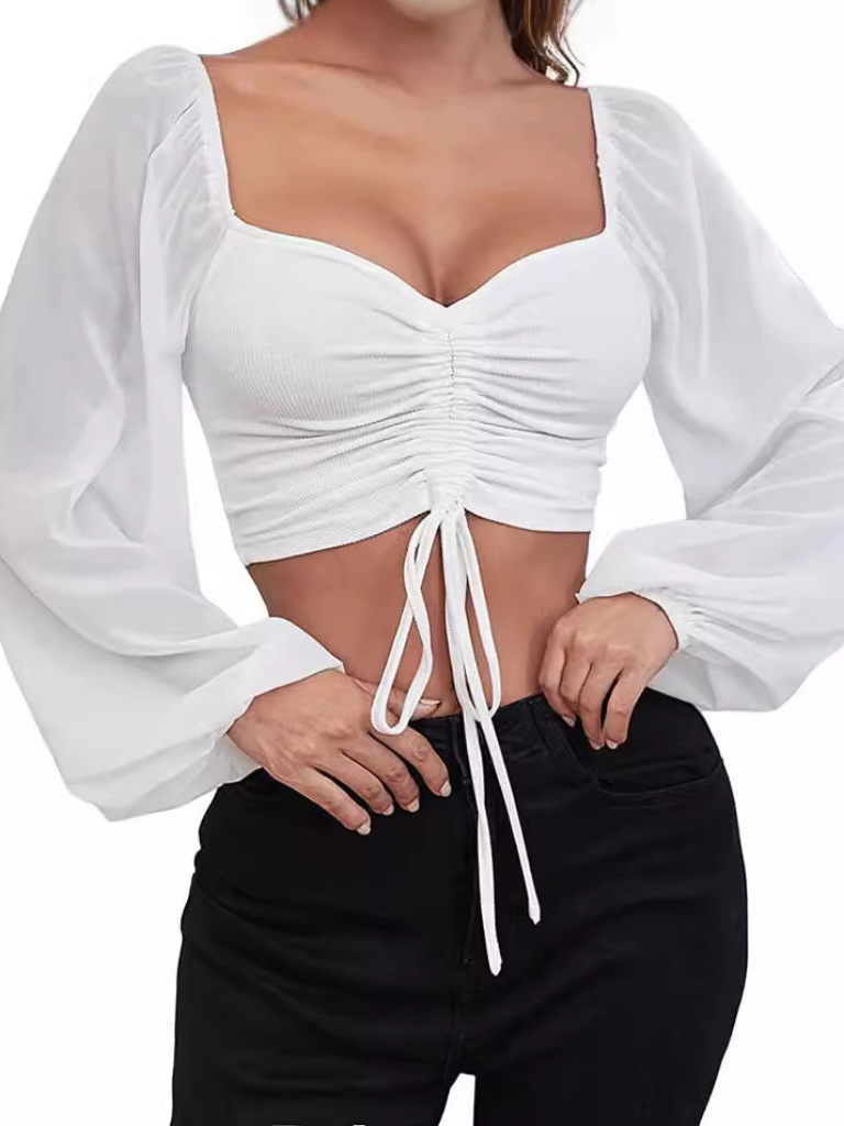 Sexy Mesh Lantern Sleeves Drawstring Crop Top