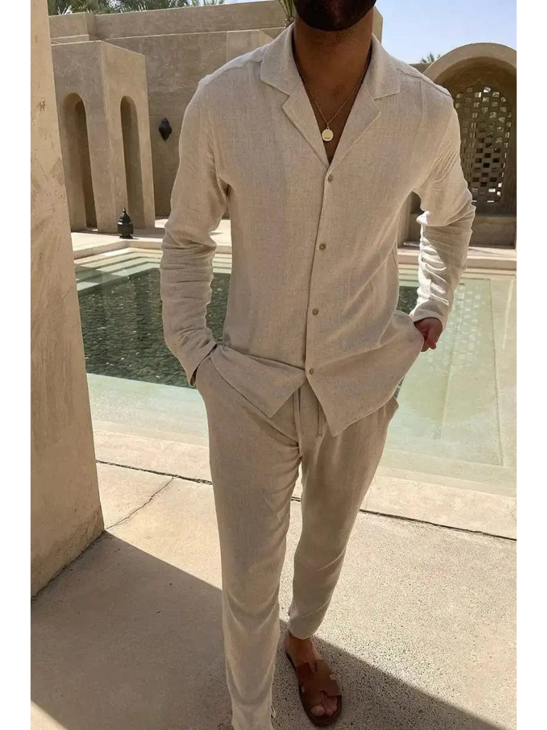 Men's Linen Solid Color Long Sleeve Shirt & Trouser Sets