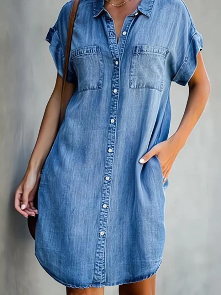 V-Neck Solid Color Short Sleeve Denim Shirt Dress