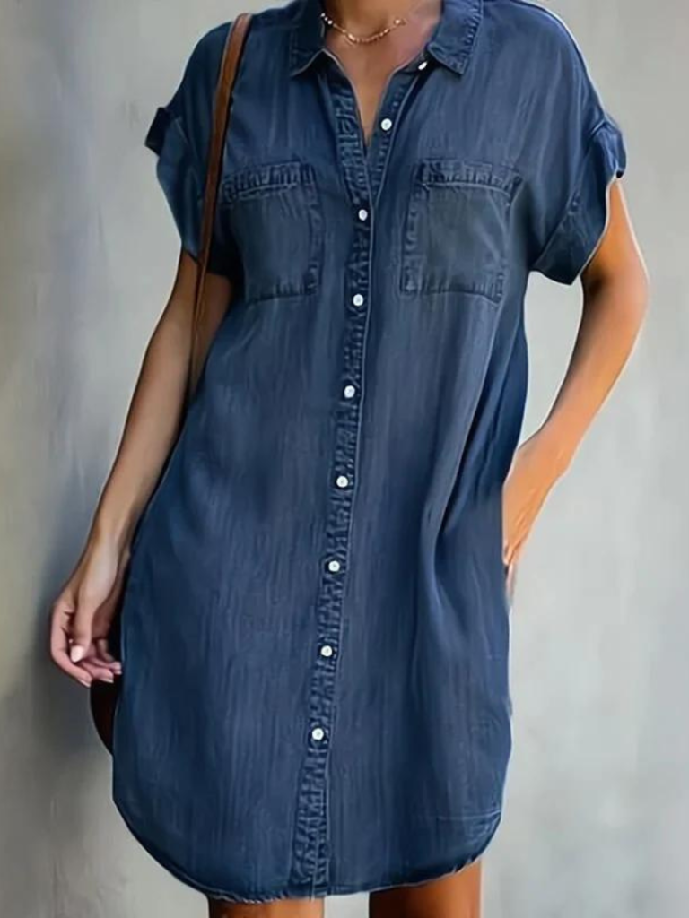 V-Neck Solid Color Short Sleeve Denim Shirt Dress