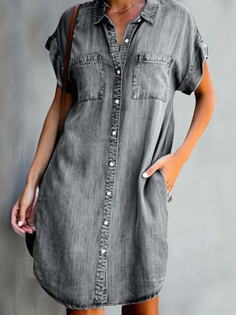 V-Neck Solid Color Short Sleeve Denim Shirt Dress