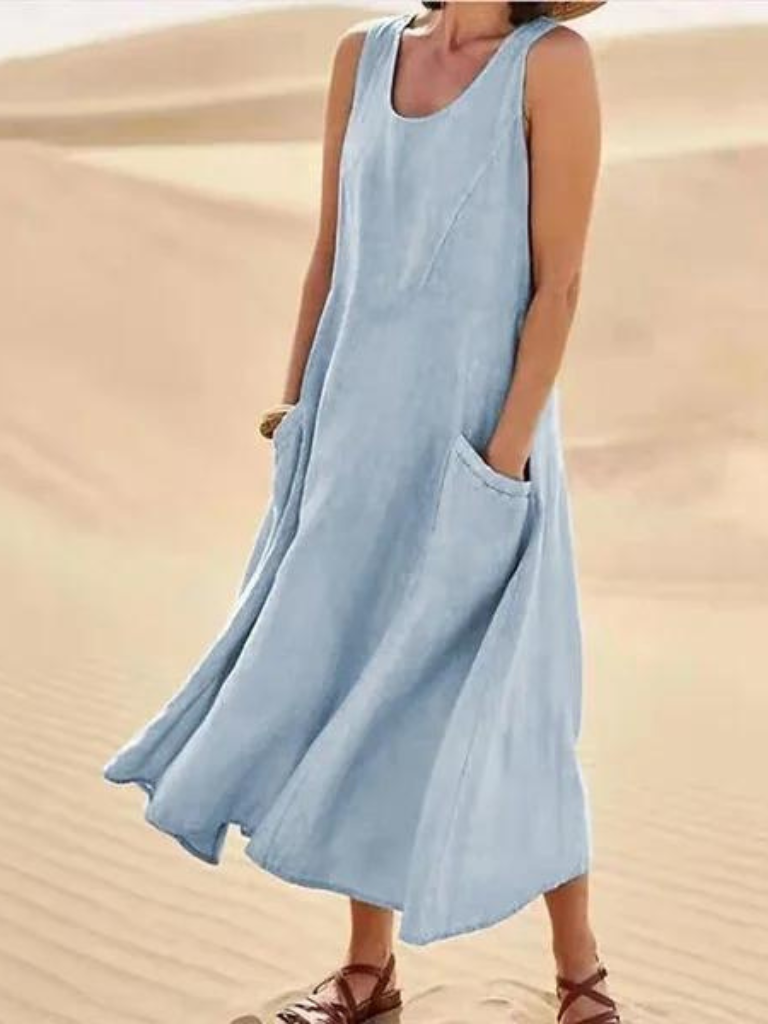 Sleeveless Linen Smock Dress With Pockets