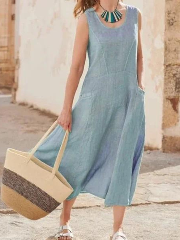 Sleeveless Linen Smock Dress With Pockets