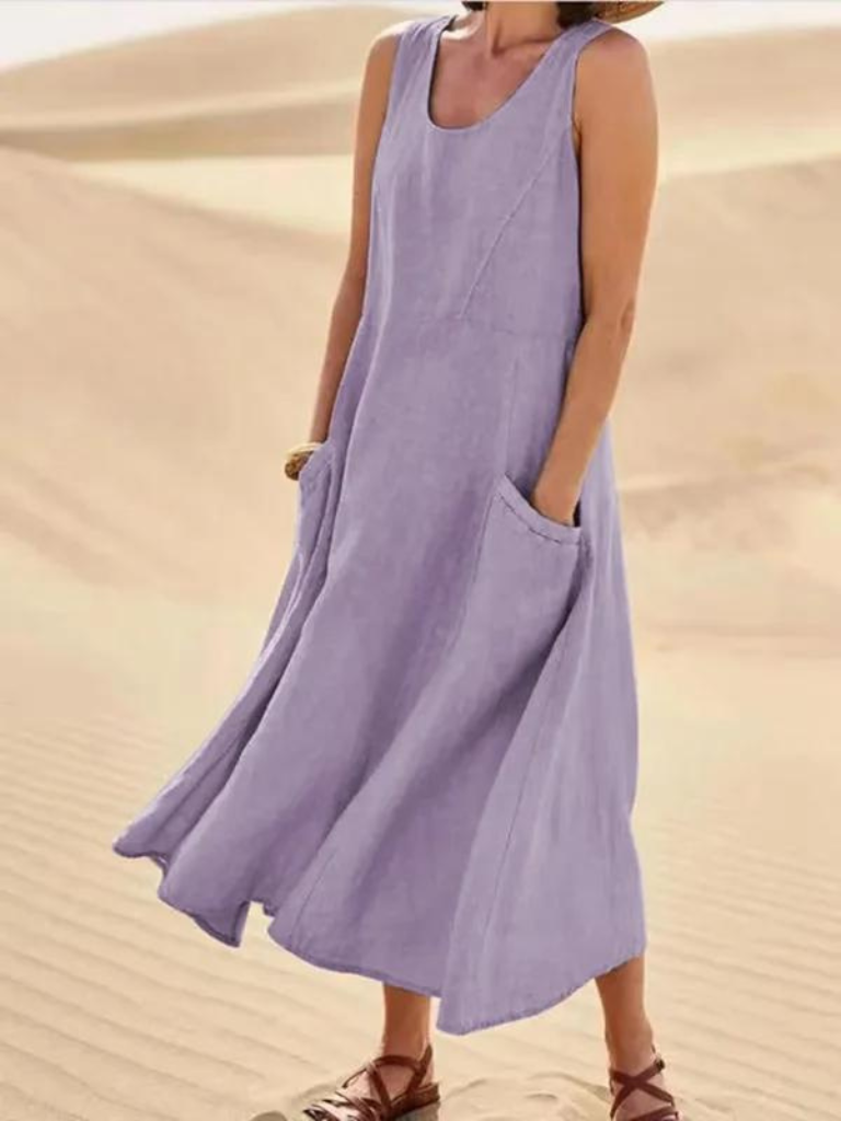 Sleeveless Linen Smock Dress With Pockets