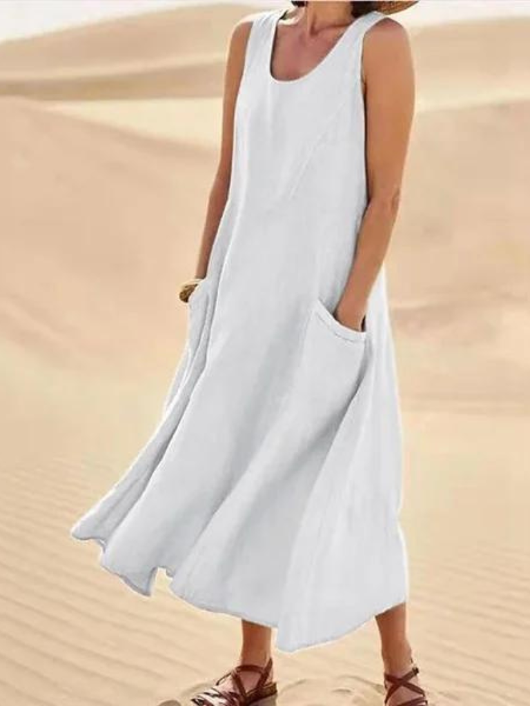 Sleeveless Linen Smock Dress With Pockets