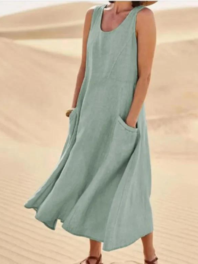 Sleeveless Linen Smock Dress With Pockets