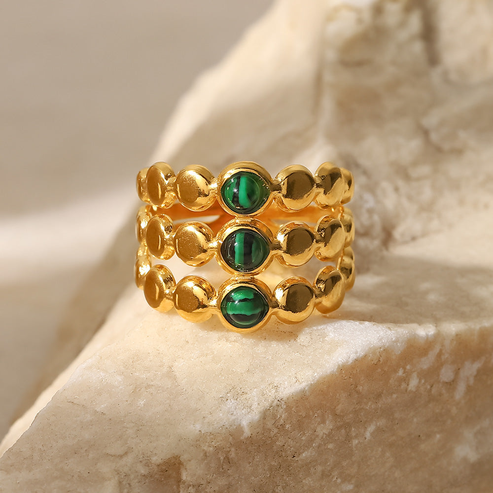Chic Three Layers Green Marine Stone 18K Gold-Plated Open Ring