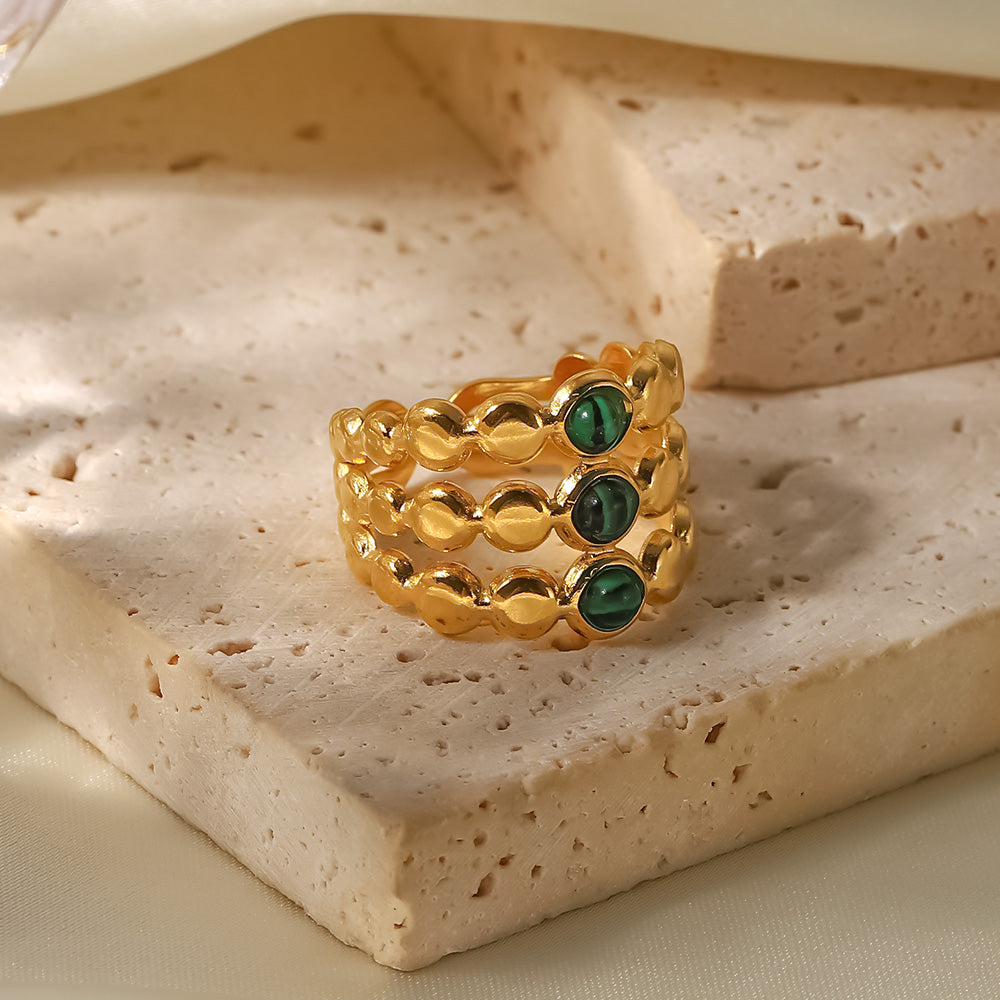 Chic Three Layers Green Marine Stone 18K Gold-Plated Open Ring