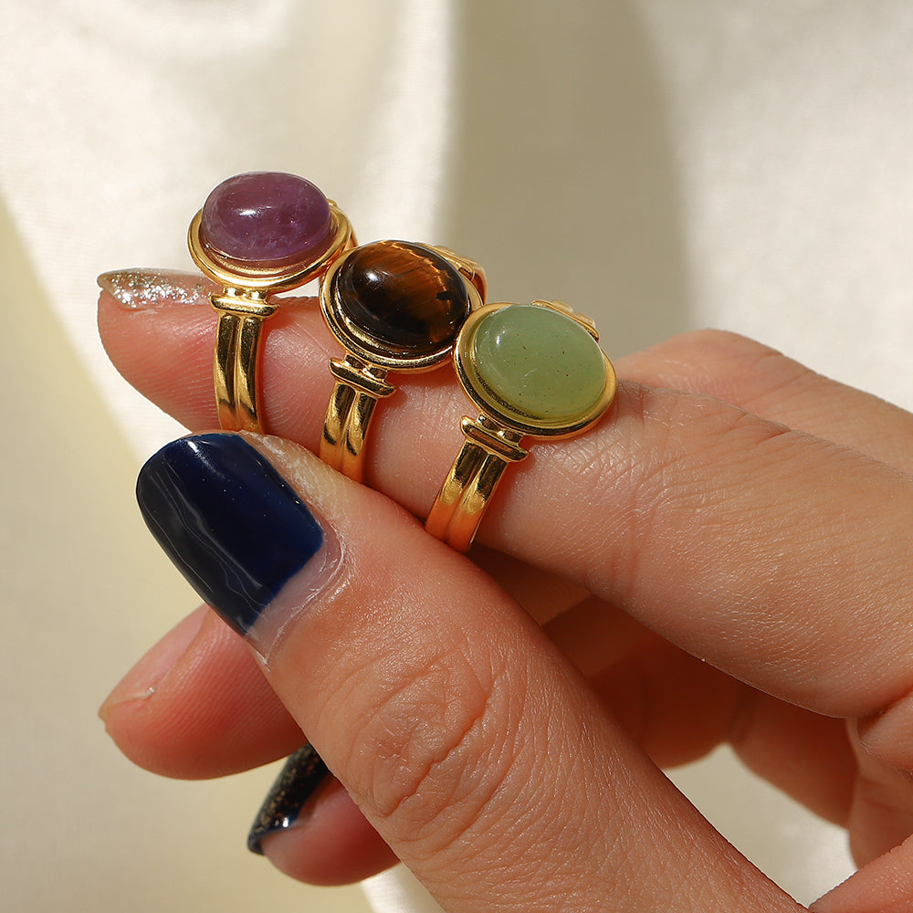Elegant 18K Gold-Plated Oval Stone Open Ring
