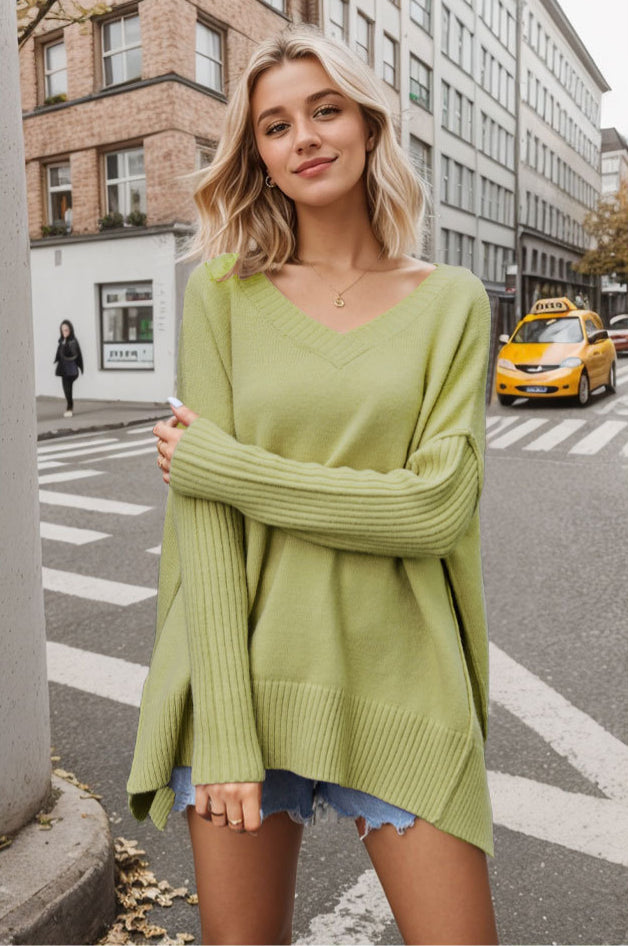 Loose V-Neck Long Sleeve Pullover Sweater