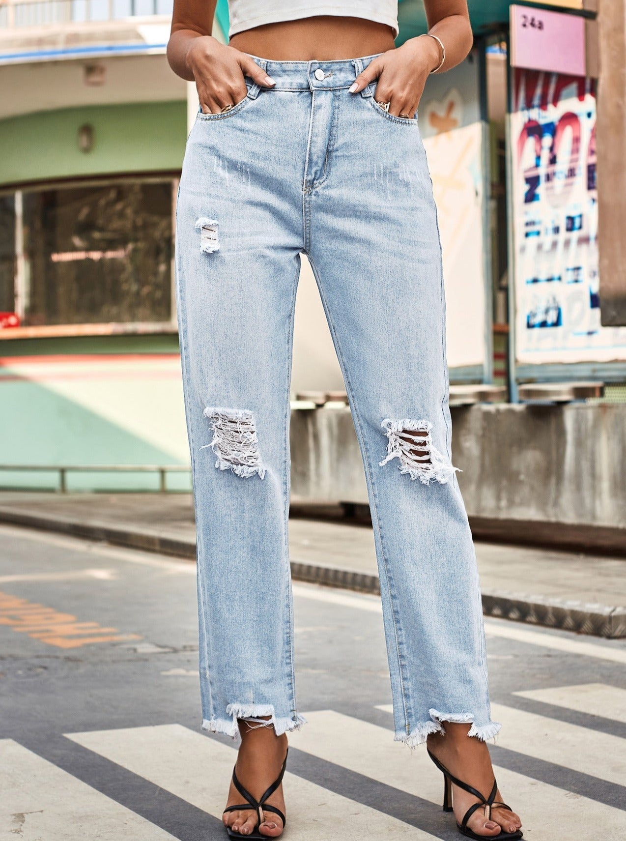 Knee Ripped Washed Classic Denim Pants