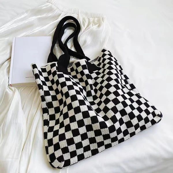 Knitted Checkered Tote Bag