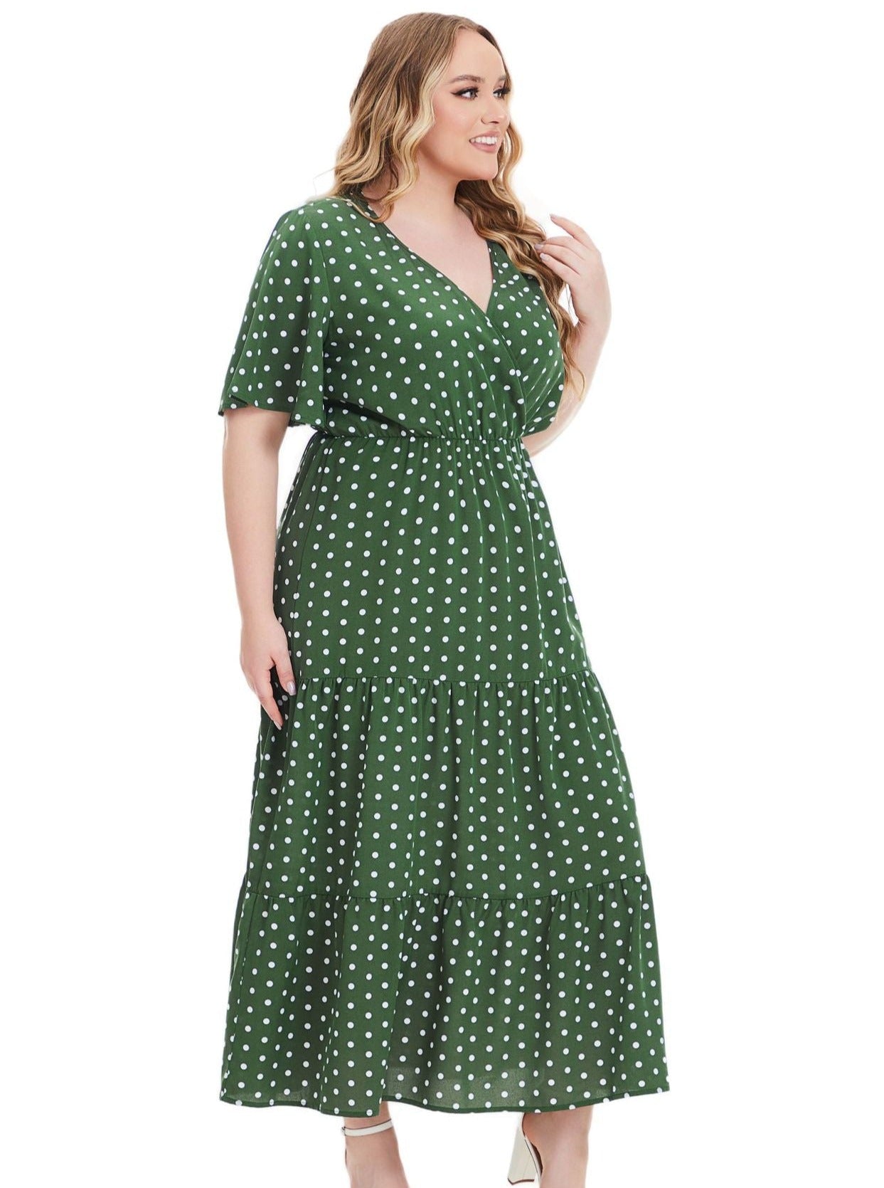 Plus Size Grøn og hvid Polka Dots Kjole 