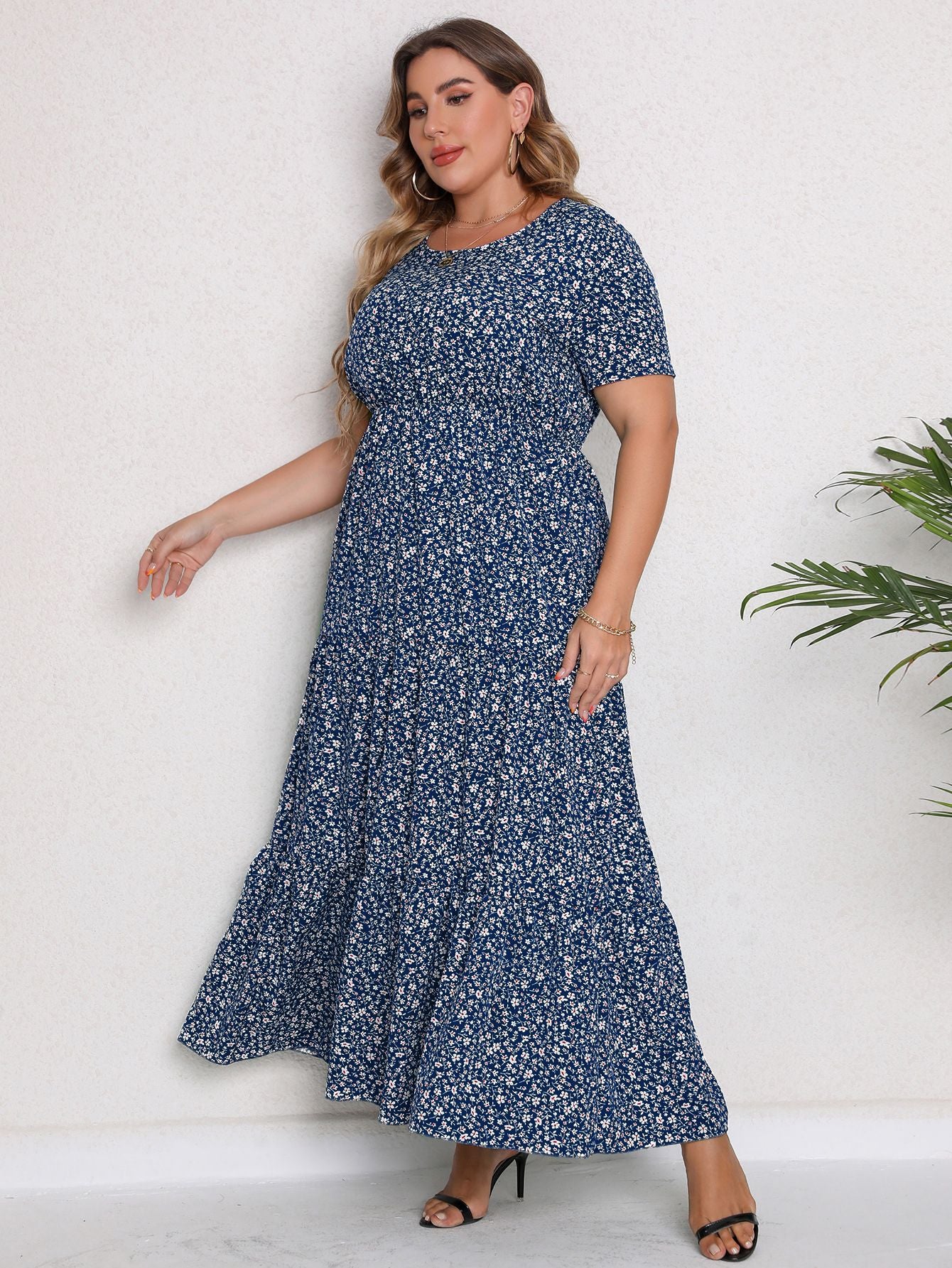 Plus Size Blue Floral Print Summer Maxi Dress