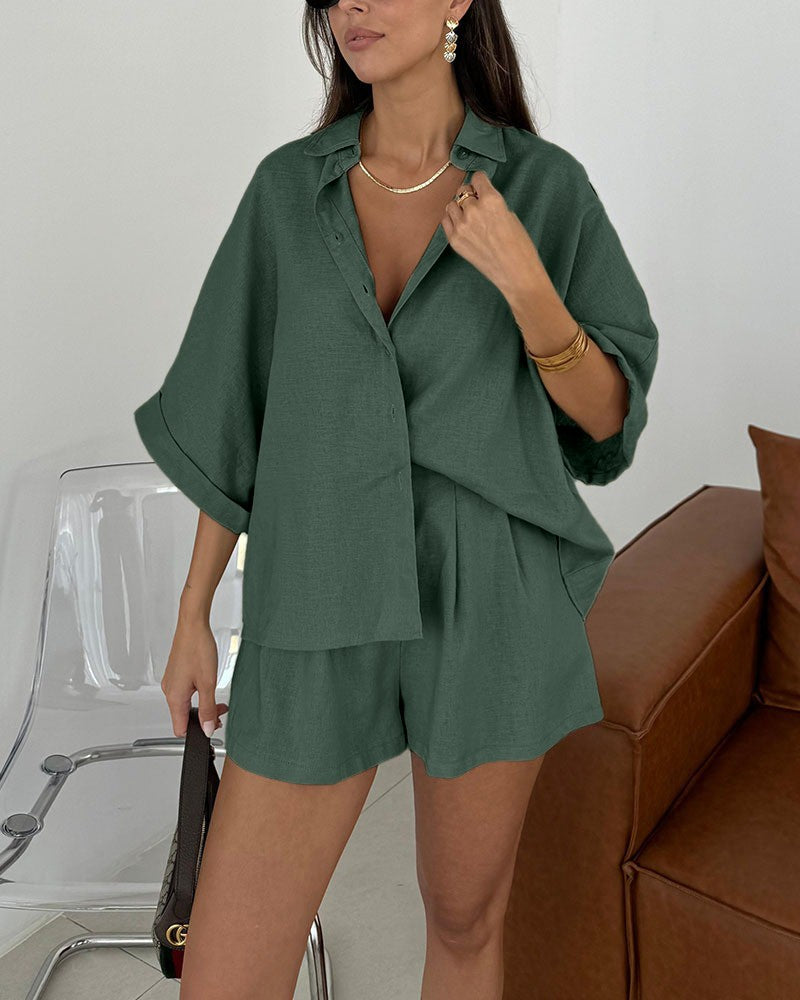 Daily Casual Loose Blouse And Shorts Set