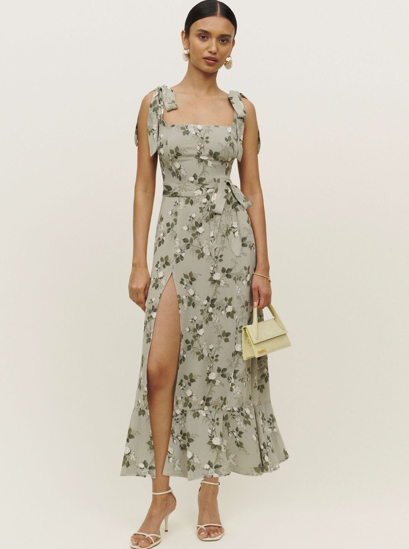 Fashionable Suspender Straps Floral Print Slit Dress