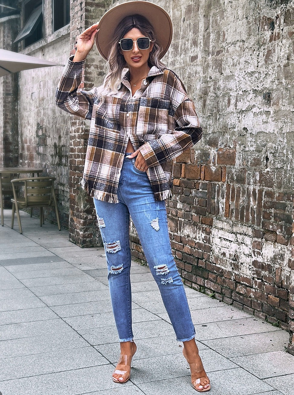 Casual Plaid Oversize Button Down Long Sleeves