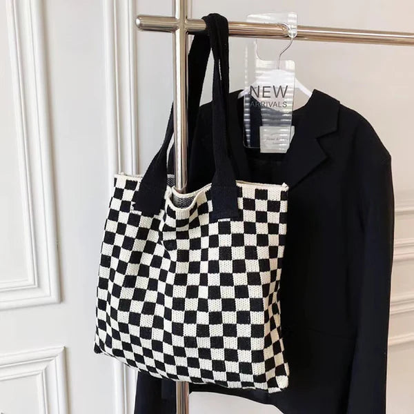 Knitted Checkered Tote Bag