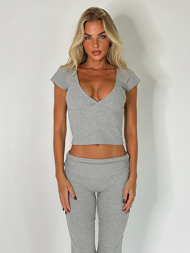 Two Piece Solid Color V-Neck Crop Top and Pants Set