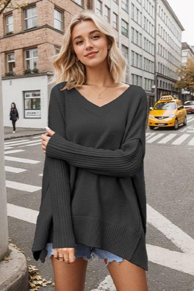 Loose V-Neck Long Sleeve Pullover Sweater