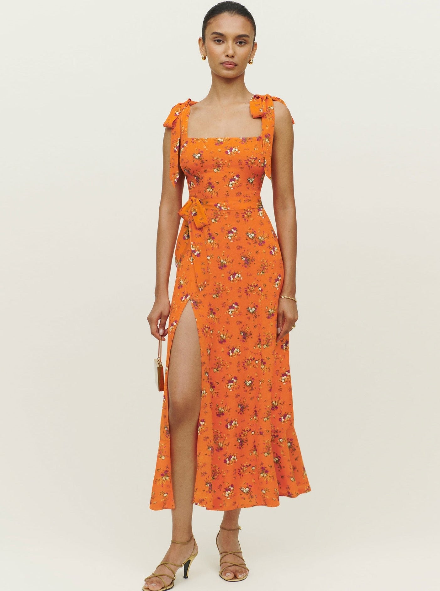 Orange firkantet hals ærmeløs med bælte Elegant kjole 