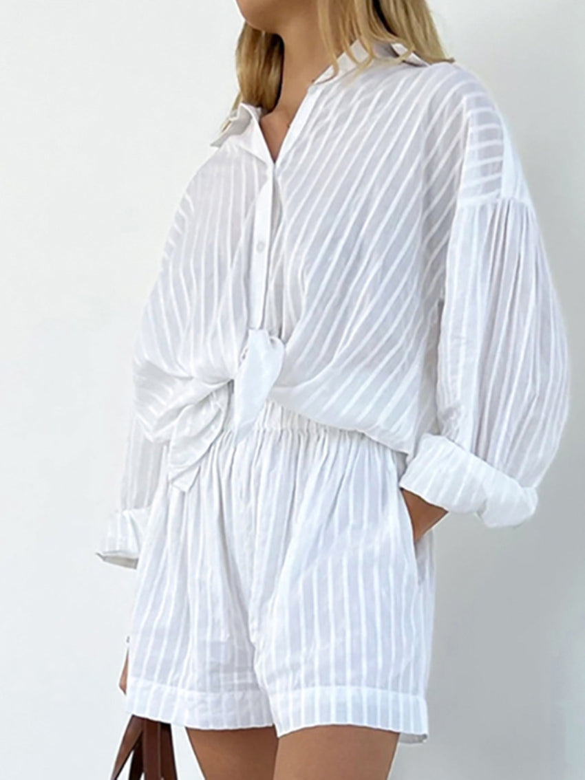 Two Piece Set Striped Long Sleeve Shirt Elastic Waist Short