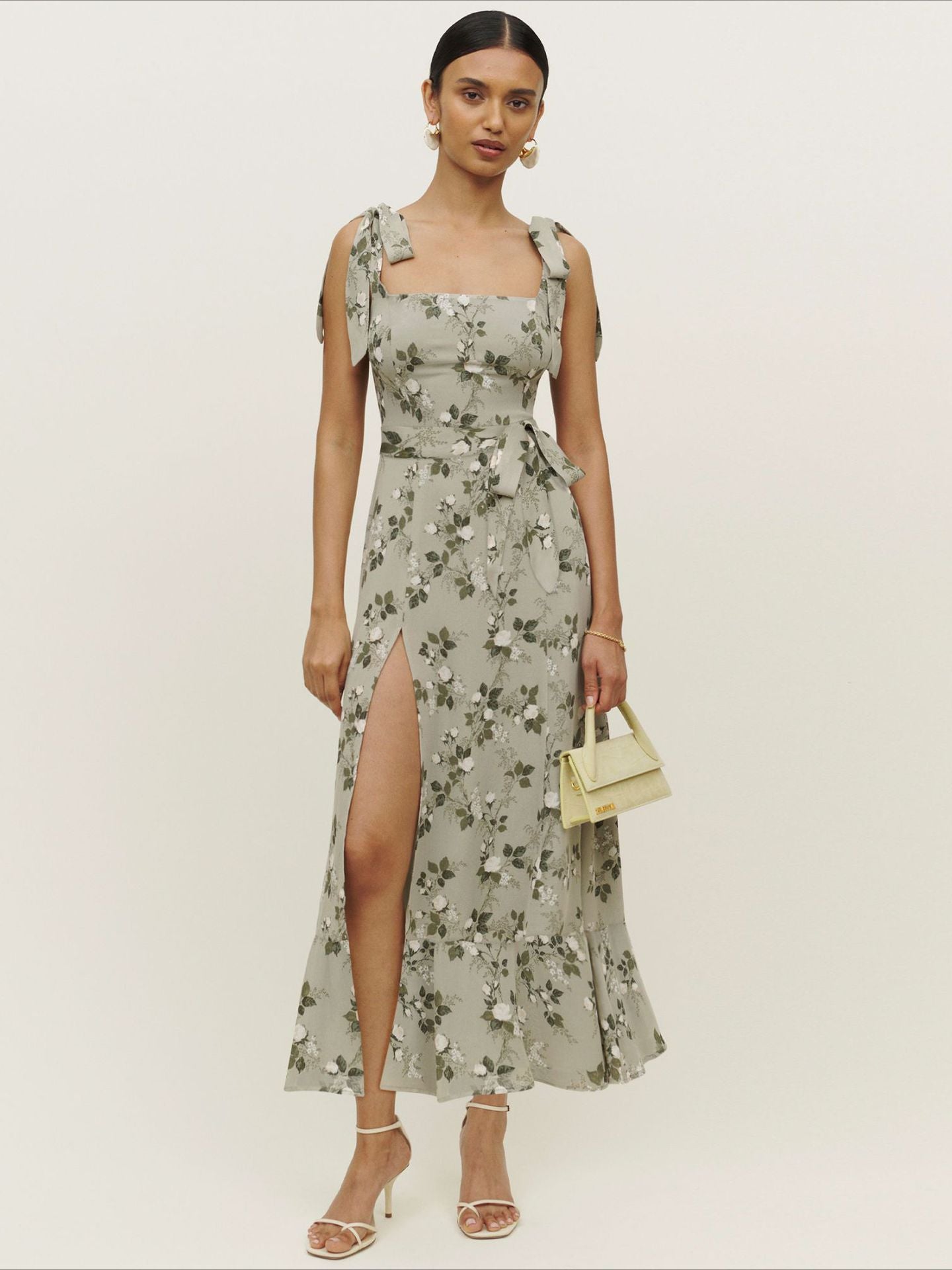 Floral Suspender Strap Square Neck Slit Long Dress