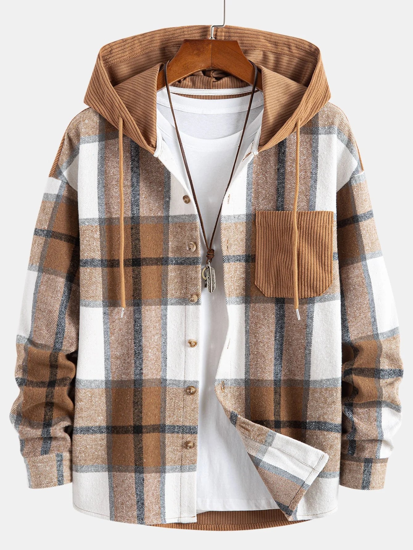 Plaid Corduroy Hooded Jacket