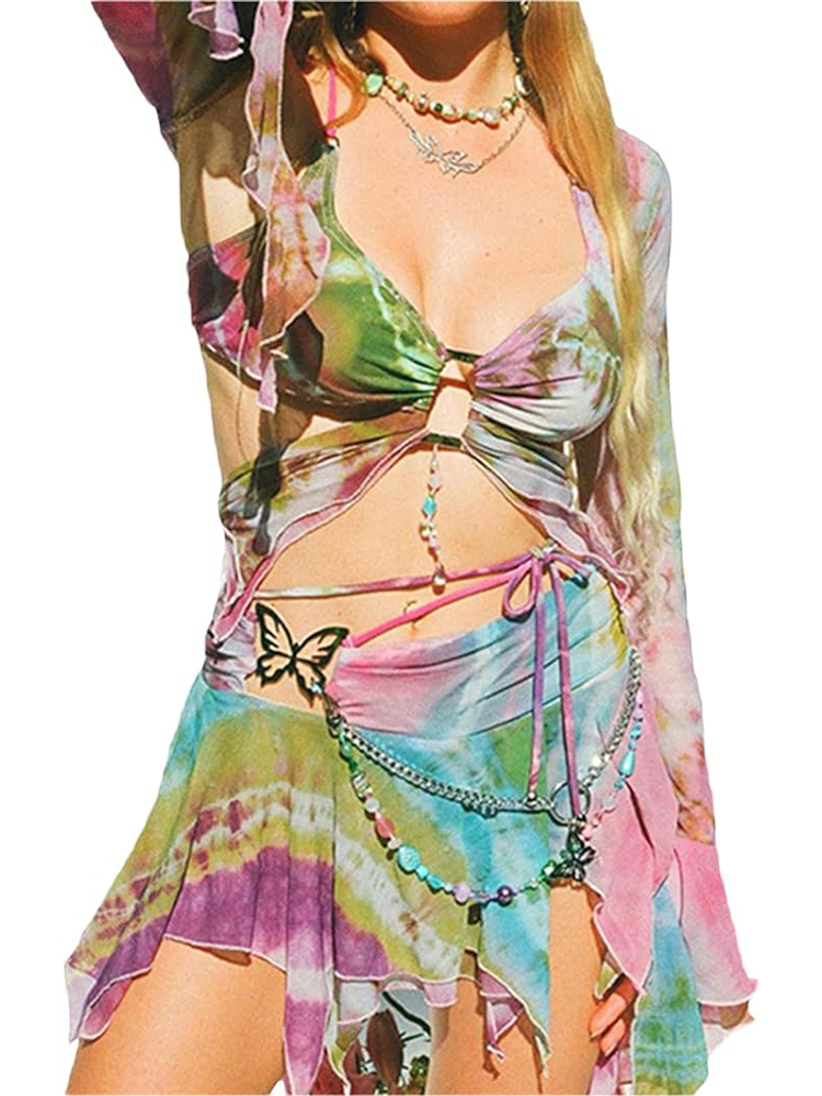 Y2K Butterfly Print Sexy Backless Crop Top and Skirt Set