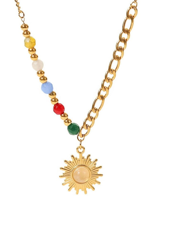 18K Gold Plated Natural Stone Opal Sun Pendant Colorful Stone Necklace PinchBox JDN21102 